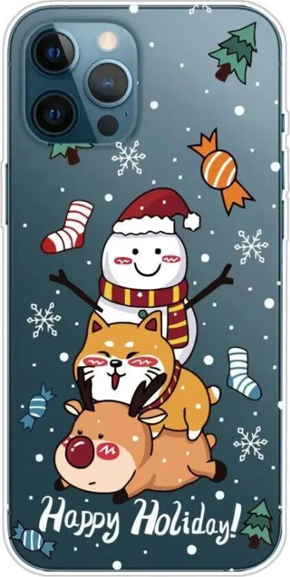 iPhone 14 Pro Fleksibel Plast Jul Deksel - Snømann, hund og rein