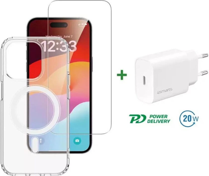 4smarts iPhone 15 Pro Max 4smarts Premium Starter Set - MagSafe Deksel, Skjermbeskyttelse & 20W Vegglader - Gjennomsiktig / Hvit