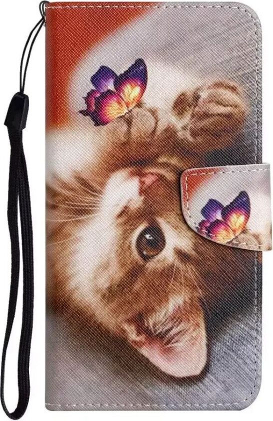 Samsung Galaxy S23 FE Kunst Skinn Flip Deksel med Stropp & Lommebok - Katt og Sommerfugl