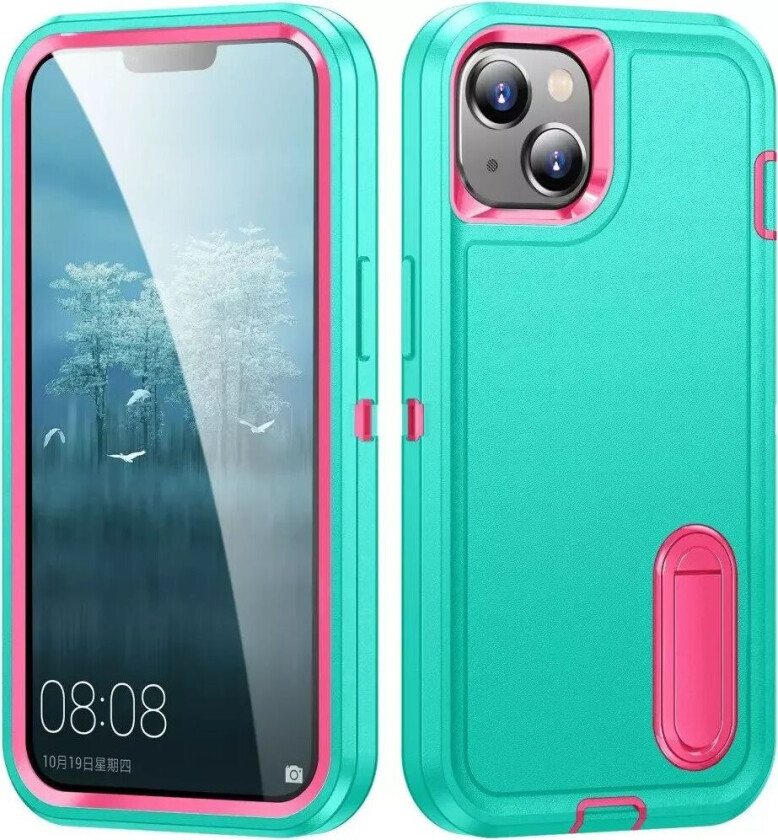 iPhone 15 Hybrid Håndverkerdeksel m. Stativ - Turkis / Rosa