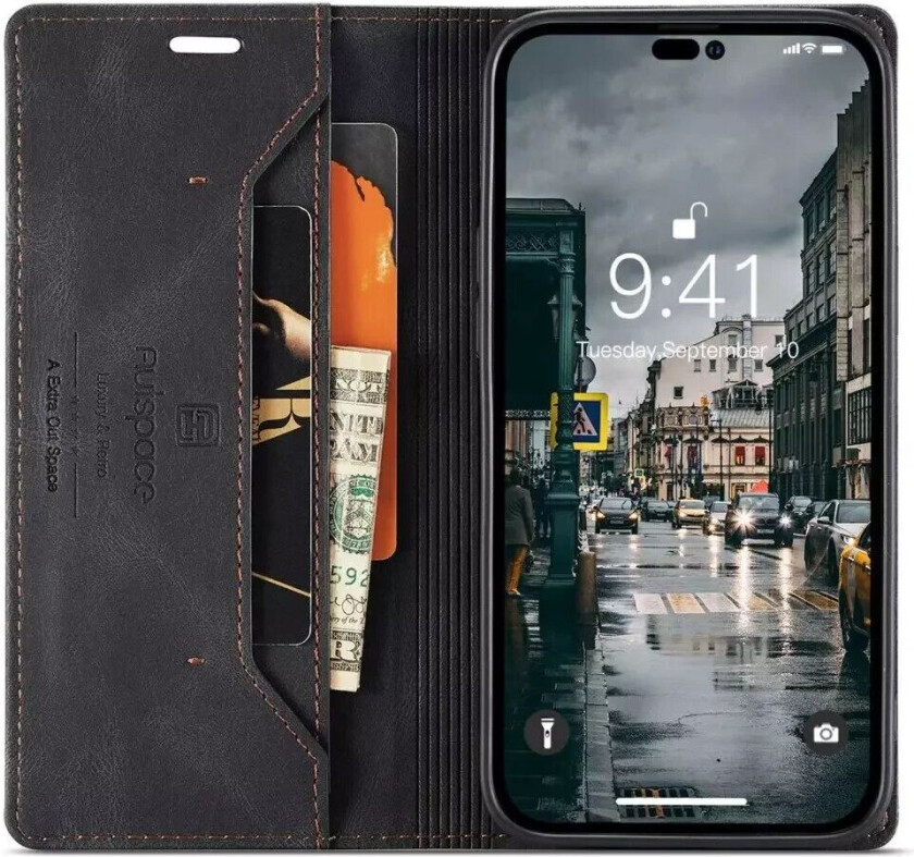 iPhone 14 Pro Max Retro PU Skinn Flip Deksel med Lommebok/Kortholder - Svart