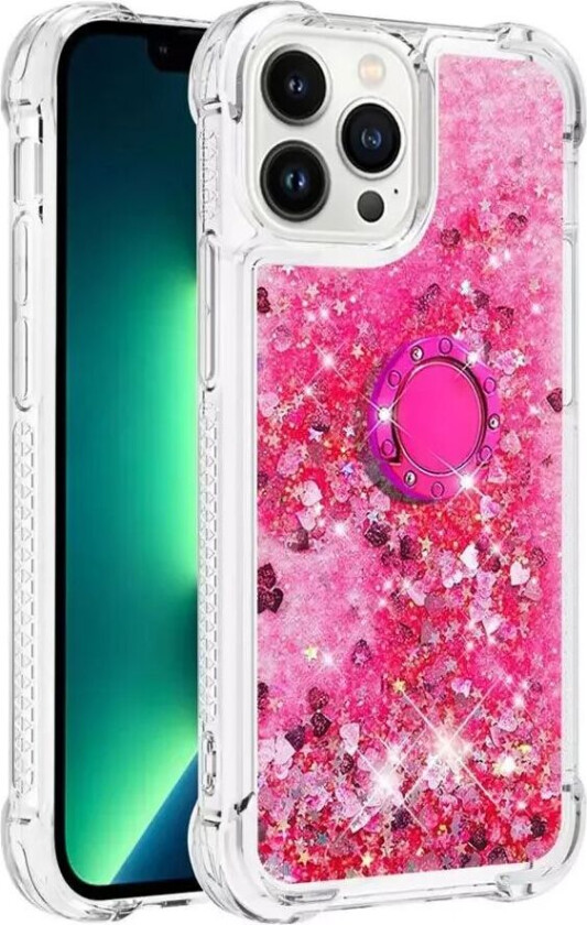 iPhone 14 Pro Dynamisk Glitter Bakdeksel m. Hjerter - Gjennomsiktig / Rosa
