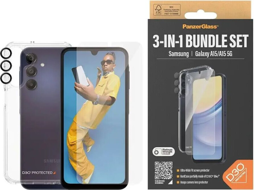 Samsung Galaxy A15 / A15 (5G) 3-i-1-Bundle m. EasyAligner - Skjermbeskyttelse (UWF) / D3O Bio Hardcase-deksel / Hoops Kamerabeskyttelse - Gjennomsiktig / Svart