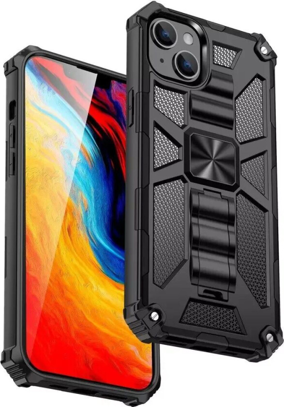 iPhone 14 Hybrid Håndverkerdeksel m. Stativ & Magnet - Svart