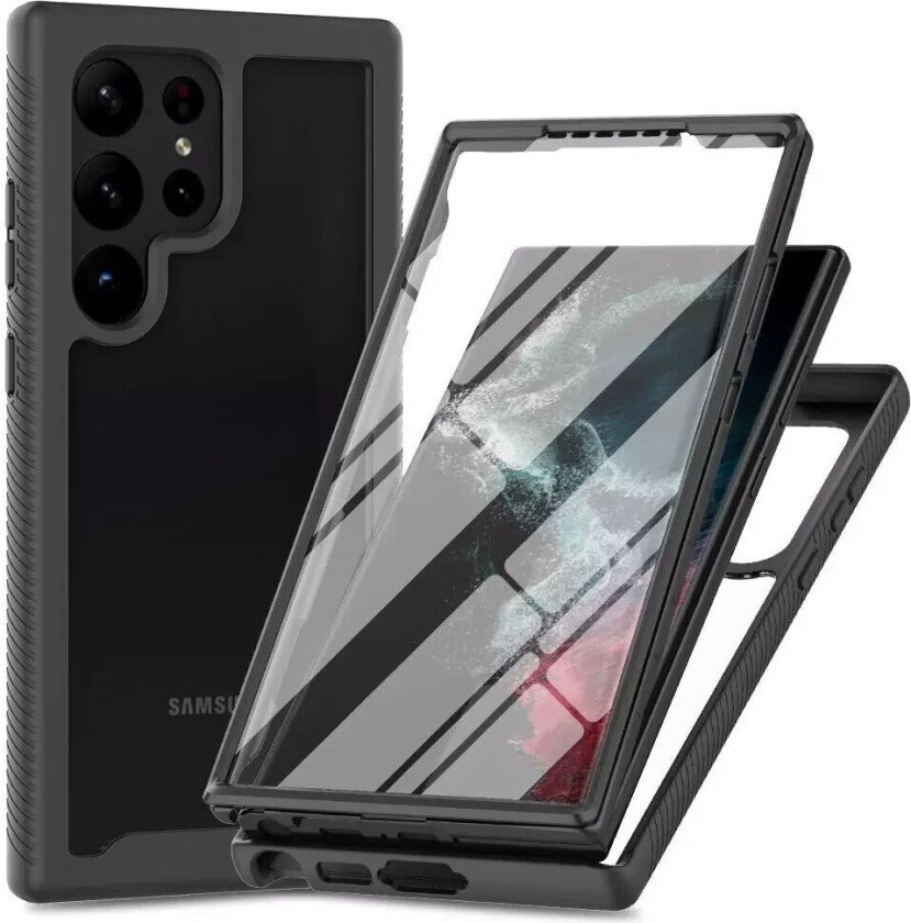 Samsung Galaxy S23 Ultra Hybrid Deksel m. Skjermbeskyttelse - Svart / Gjennomsiktig