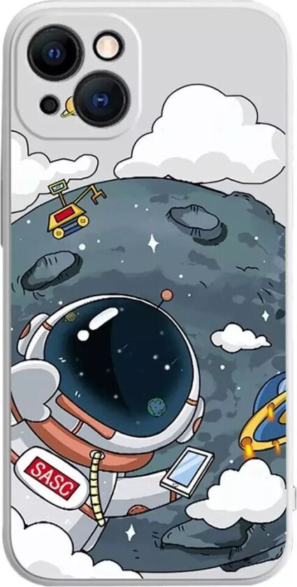 iPhone 14 Fleksibelt Deksel av Plast med Trykk - Astronaut På Månen / Hvit