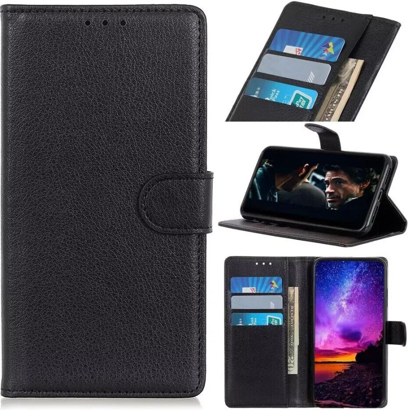 Samsung Galaxy A71 Skinn Flip Deksel m. Stativ & Lommebok - Svart