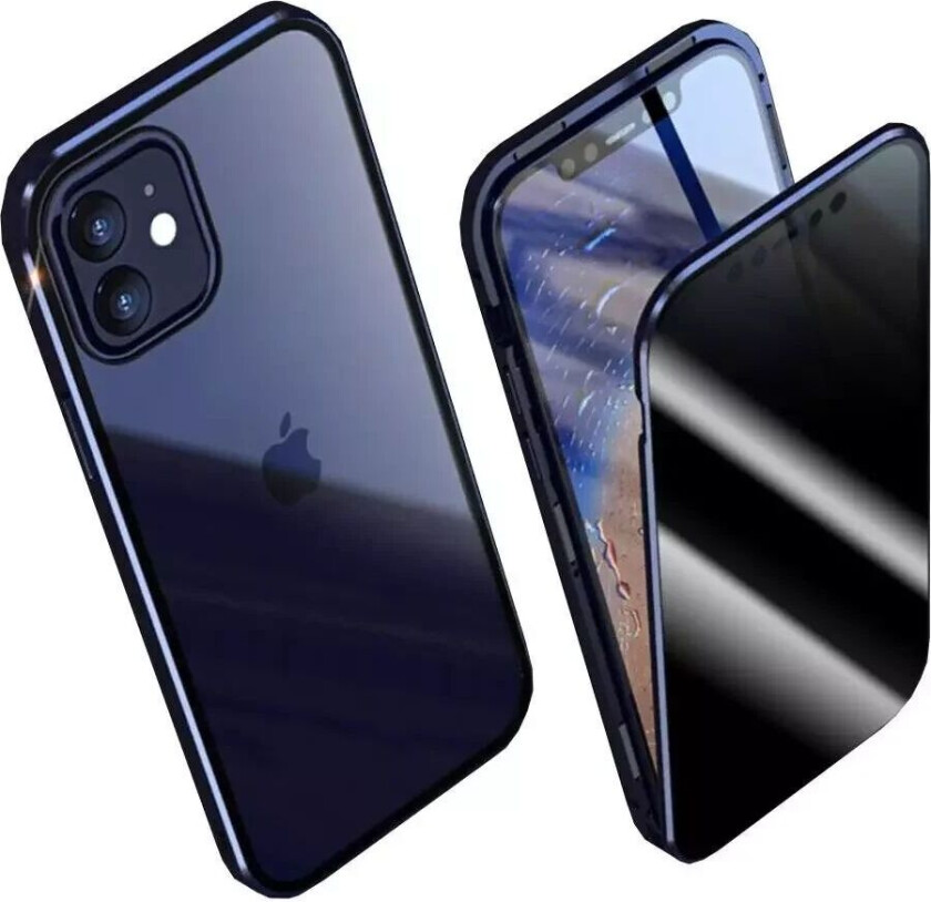 iPhone 12 / 12 Pro Magnetisk Deksel med Privacy, Glass Bak og Forside - Mørk Blå