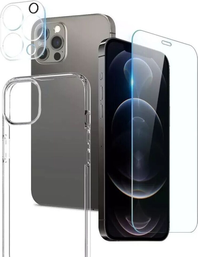 iPhone 12 Pro 360° Beskyttelsessett m. Skjermbeskyttelse Deksel Kameralinsebeskyttelse - Gjennomsiktig