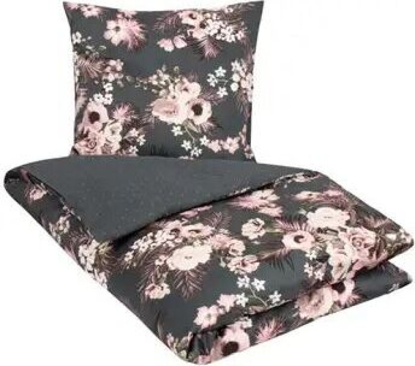 Sateng sengesett - 150x210 cm - 100% Bomullssateng - Flowers & Dots - Grå-grønn