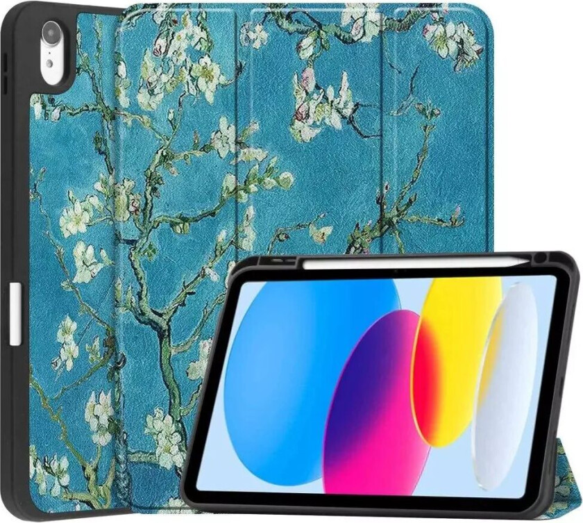 iPad 10.9" (2022) Tri-Fold Flip Deksel I Skinn m. Pennholder - Hvite Blomster