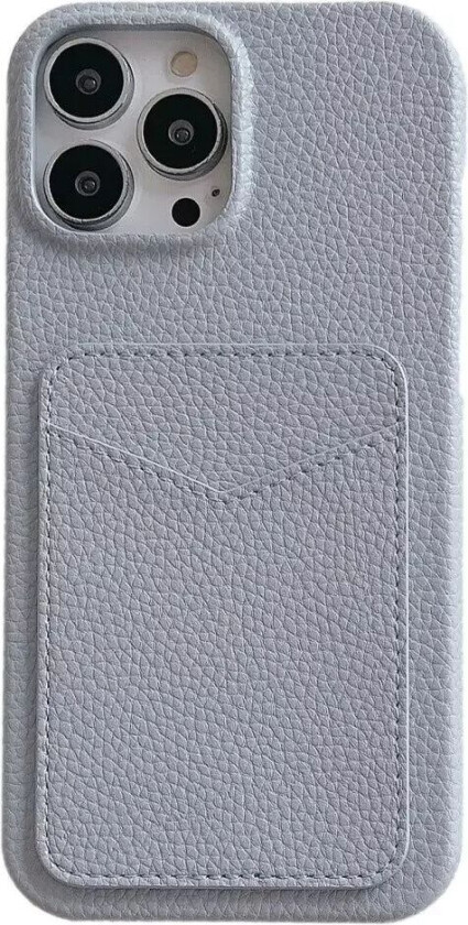 iPhone 15 Litchi Skinndekket Plastdeksel med Kortholder - Grå