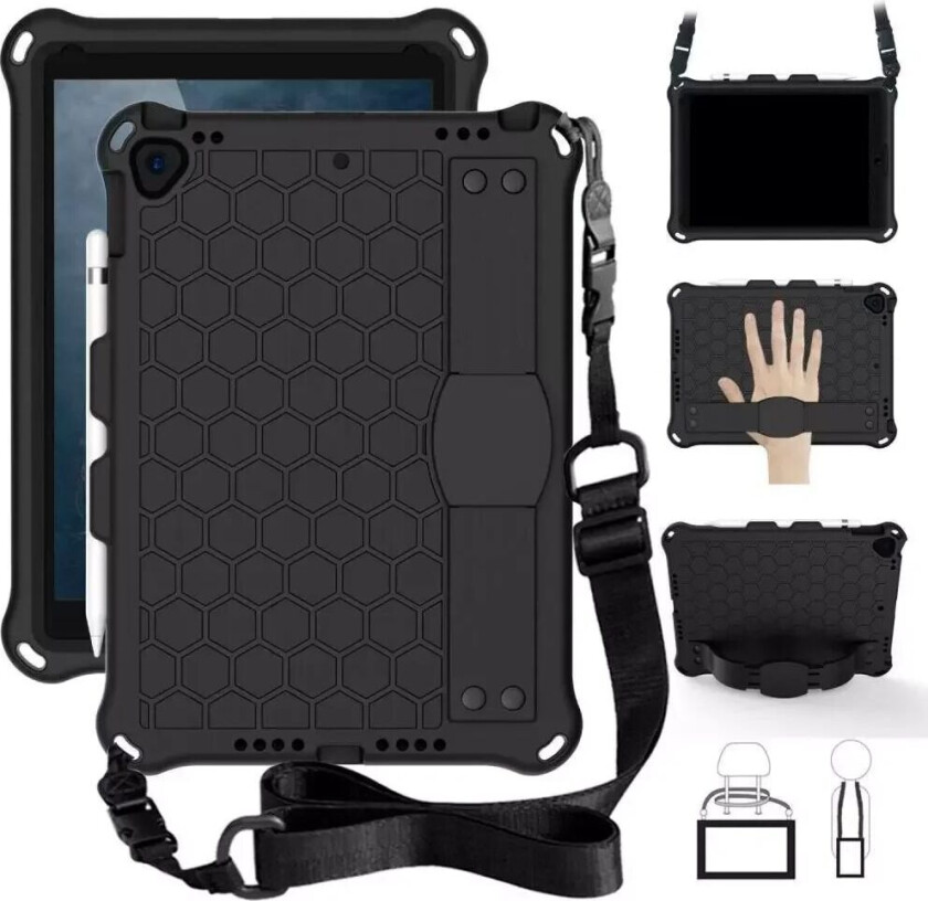 iPad 10.2" (2021 / 2020 / 2019) / iPad Pro 10.5 / iPad Air (2019) Barnedeksel med Skulderstropp - Bikube Mønster - Svart