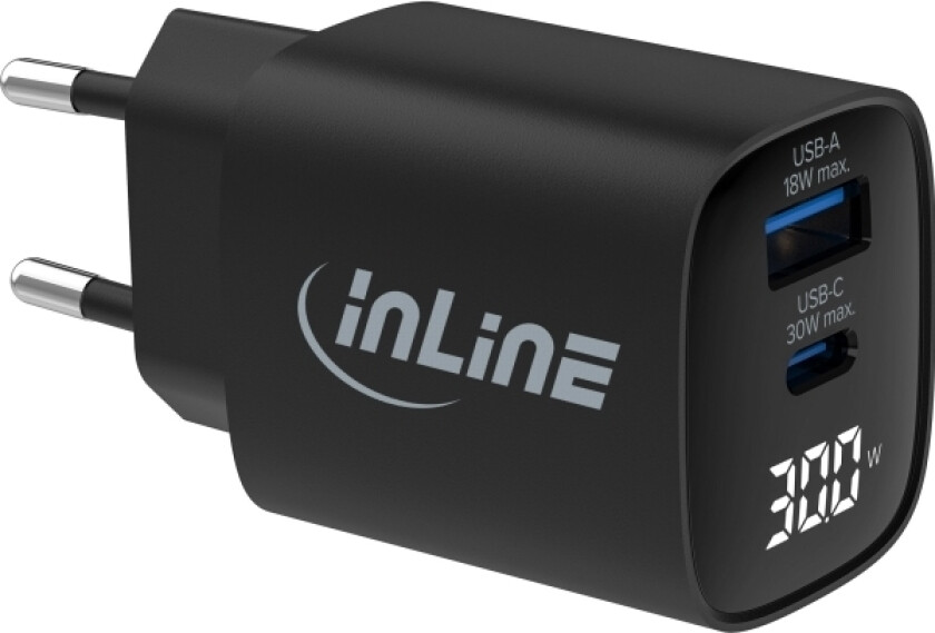 Usb Pd Strømforsyning Gan Lader 2-Porter Usb-C + Usb-A 30W Med (31550)