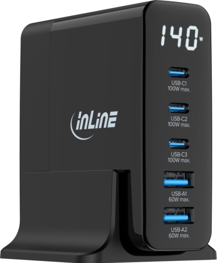 Usb Pd Strømforsyning Gan Lader 5-Ports Usb-C + Usb-A 140W Med (31553)