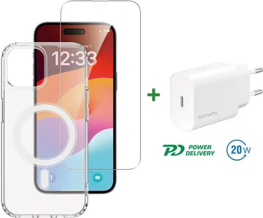 4smarts iPhone 15 4smarts Premium Starter Set - MagSafe Deksel, Skjermbeskyttelse & 20W Vegglader - Gjennomsiktig / Hvit