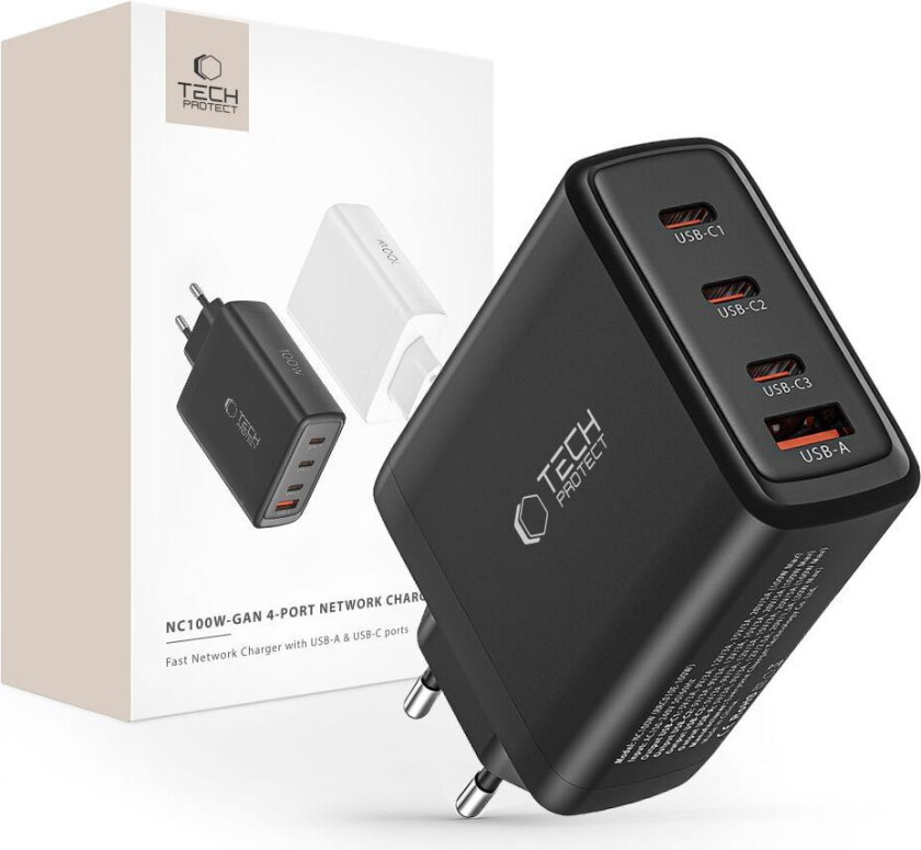 NC100W-GAN 4-PORTS NETTVERKSLADER PD100W/QC3.0 SVART