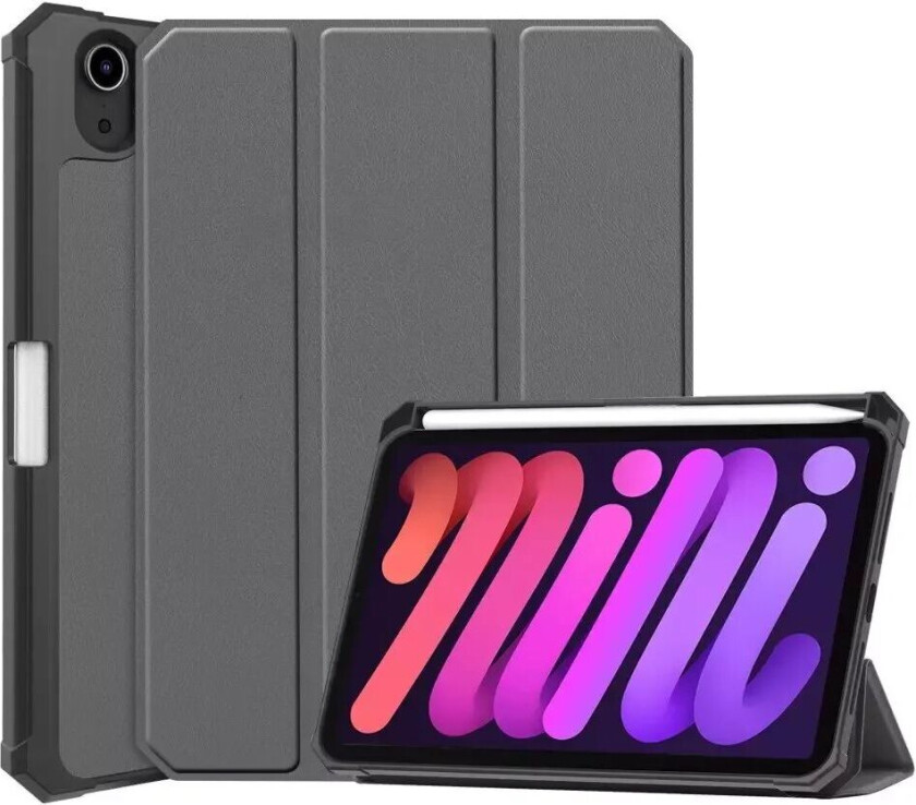 iPad Mini (2021) - Kunst Skinn Flip Deksel m. Styluspen Holder & Stativfunksjon - Grå