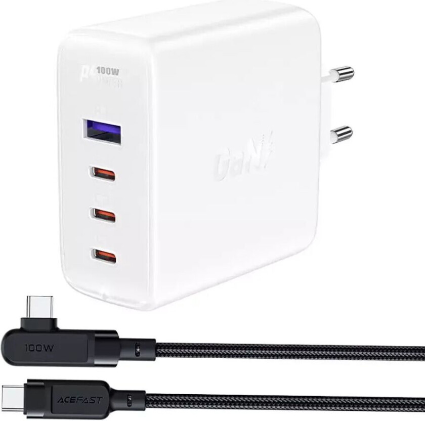 100W PD GaN Charger - Vegglader med 1 x USB-A og 3 x USB-C - Hvit