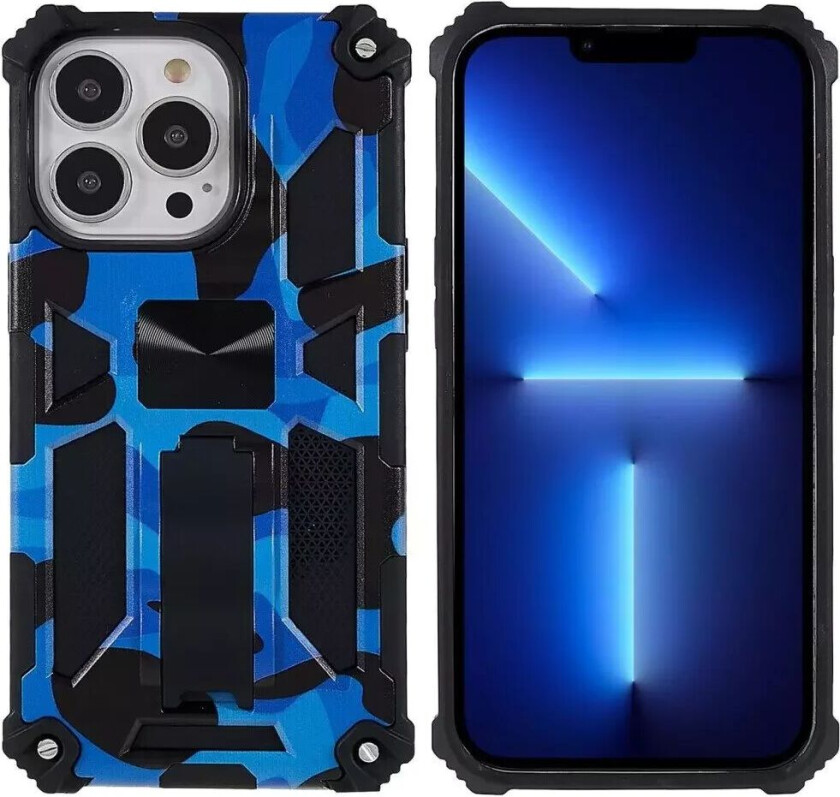 iPhone 13 Pro Kamuflasje Shock-Proof Deksel med Stativ - Mørkeblå