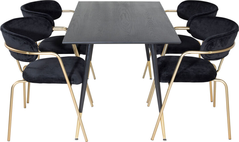 Dipp120x85BLBR spisegruppe spisebord svart og 4 Arrow spisestuestoler velour svart.