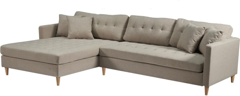Marino Deluxe sjeselongsofa høyre eller venstrevent med puter stoff sandfarget.