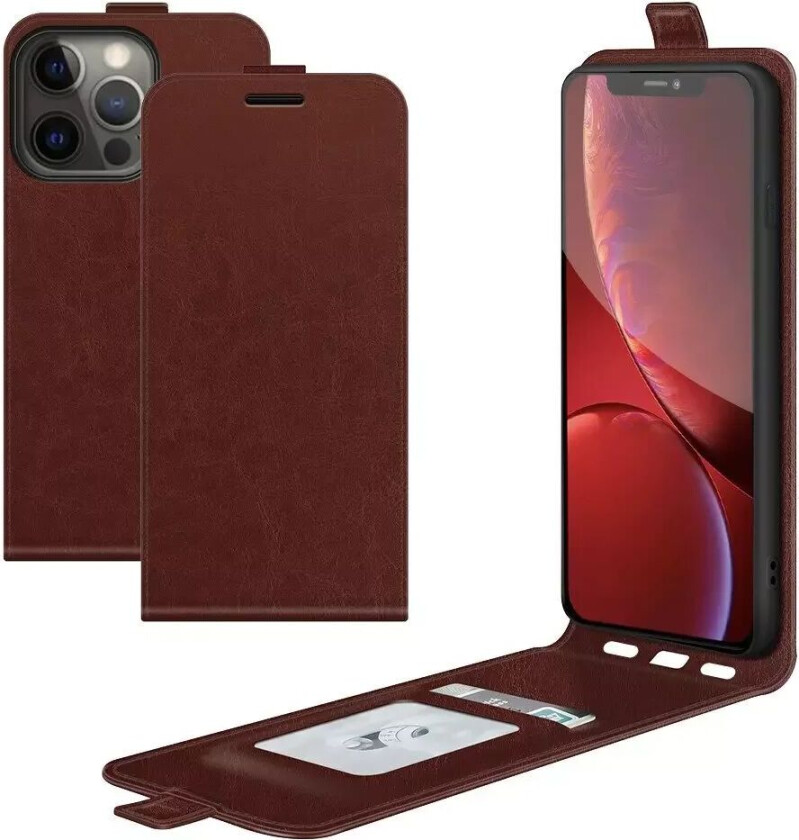iPhone 13 Pro Vertikalt Flip Kunst Skinn Deksel med Lommebok - Brun