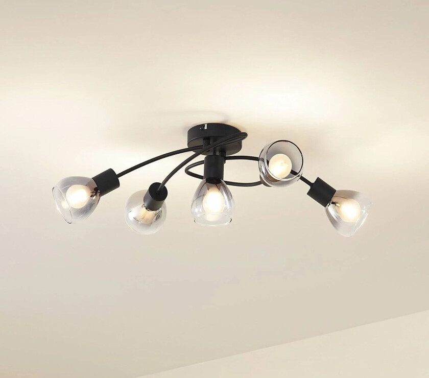 Pendura taklampe, 5 lyskilder, svart, glass