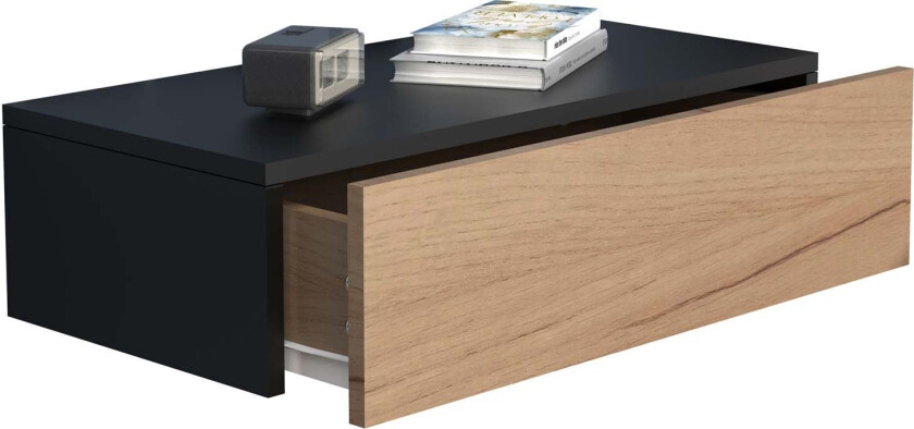 UsalM60 nattbord vegghengt 1 skuff svart, eik dekor.