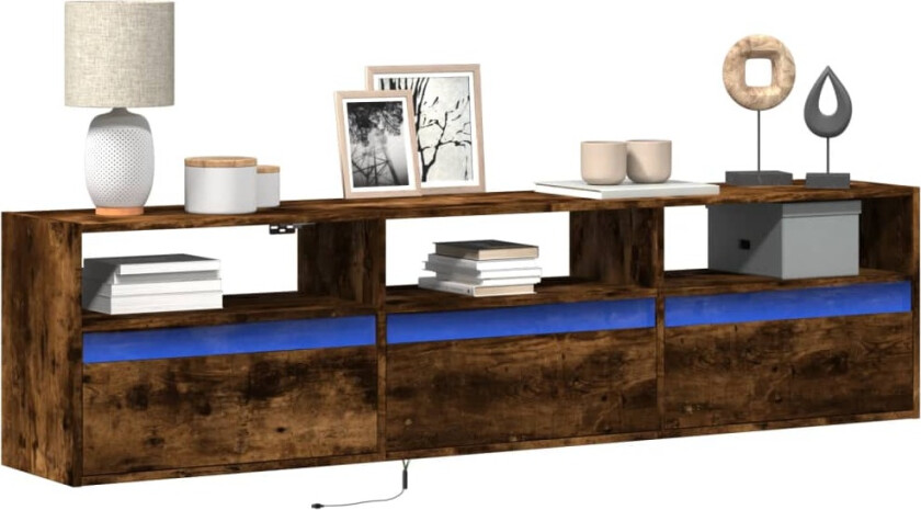 Vegghengt TV-benk med LED røkt eik 180x31x45 cm