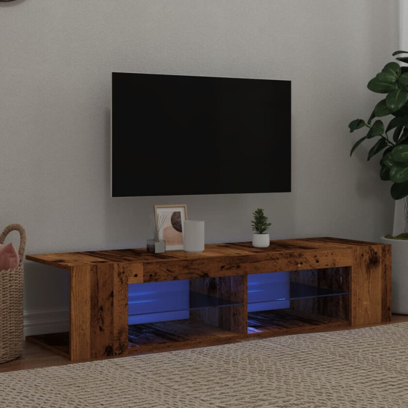 TV-benk med LED-lys gammelt tre 135x39x30 cm konstruert tre