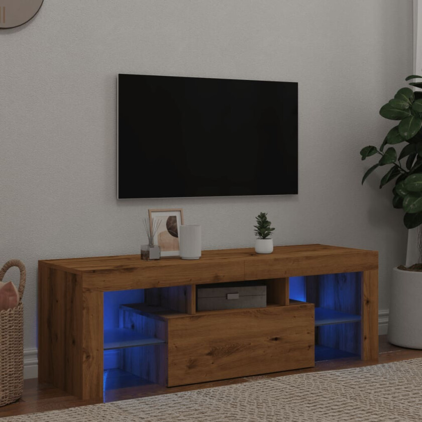 TV-benk med LED-lys artisan eik 120x36,5x40 cm konstruert tre