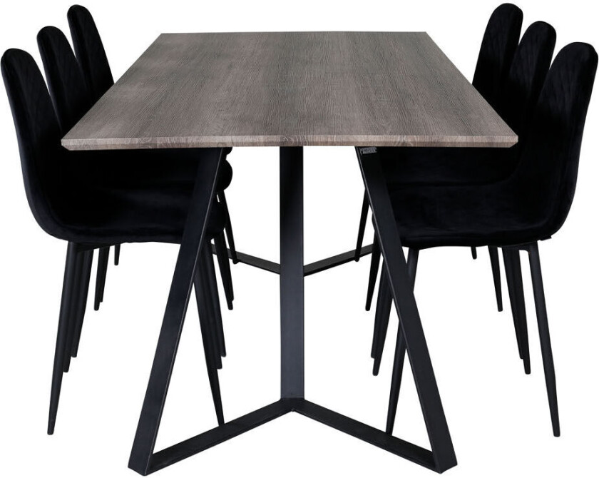 MarinaGRBL spisegruppe spisebord el tre dekor grå og 6 Polar Diamond spisestuestoler velour svart.