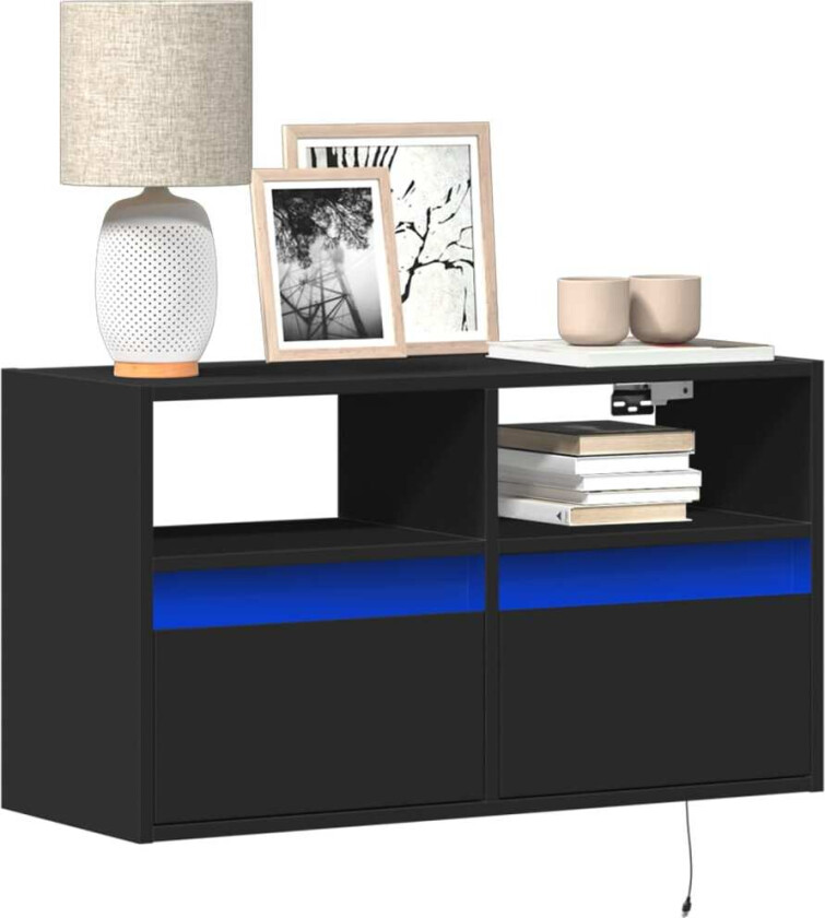 Vegghengt TV-benk med LED svart 80x31x45 cm