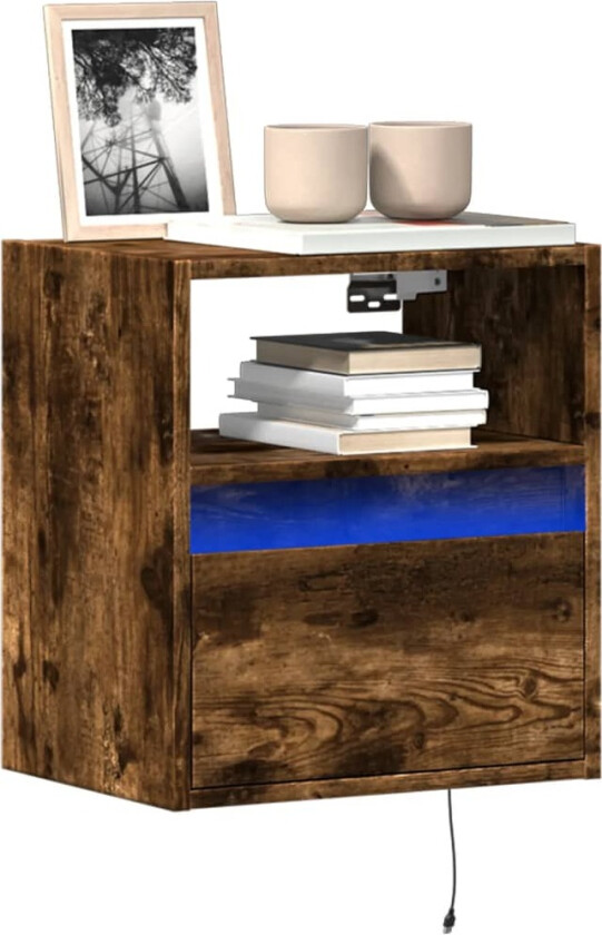 Vegghengt TV-benker med LED-lys 2 stk røkt eik 41x31x45 cm