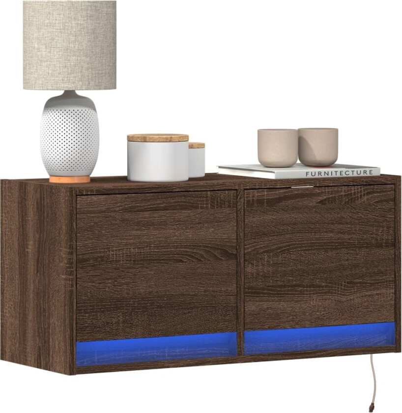 Vegghengt TV-benk med LED brun eik 80x31x35 cm