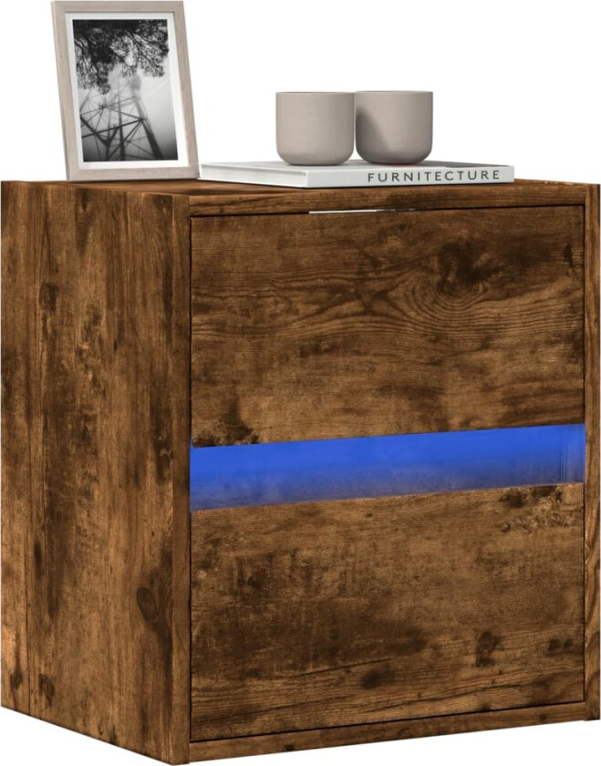 Vegghengt TV-benk med LED røkt eik 41x31x45 cm