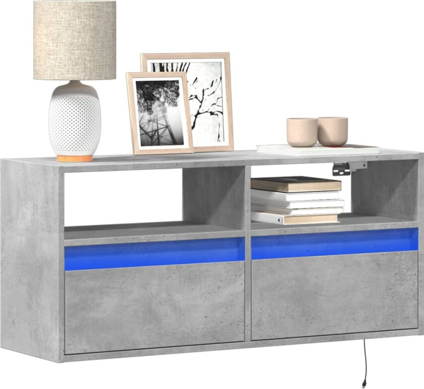 Vegghengt TV-benk med LED-lys betonggrå 100x31x45 cm