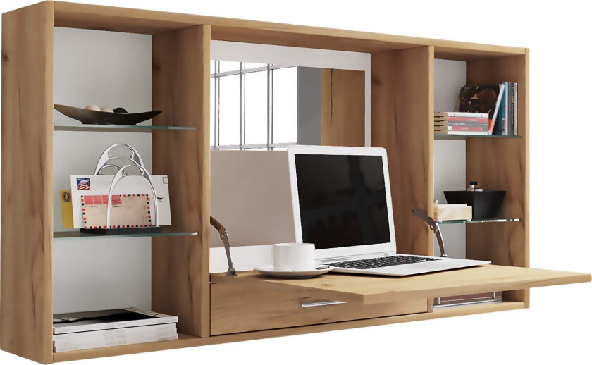 TealaS skrivebord pulten, sminkebord vegghengt 1 klaffdør 1 skuff 6 hyller eik dekor.