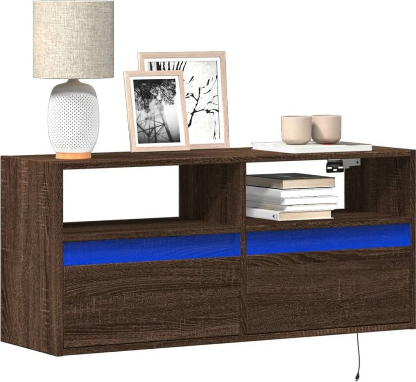 Vegghengt TV-benk med LED brun eik 100x31x45 cm