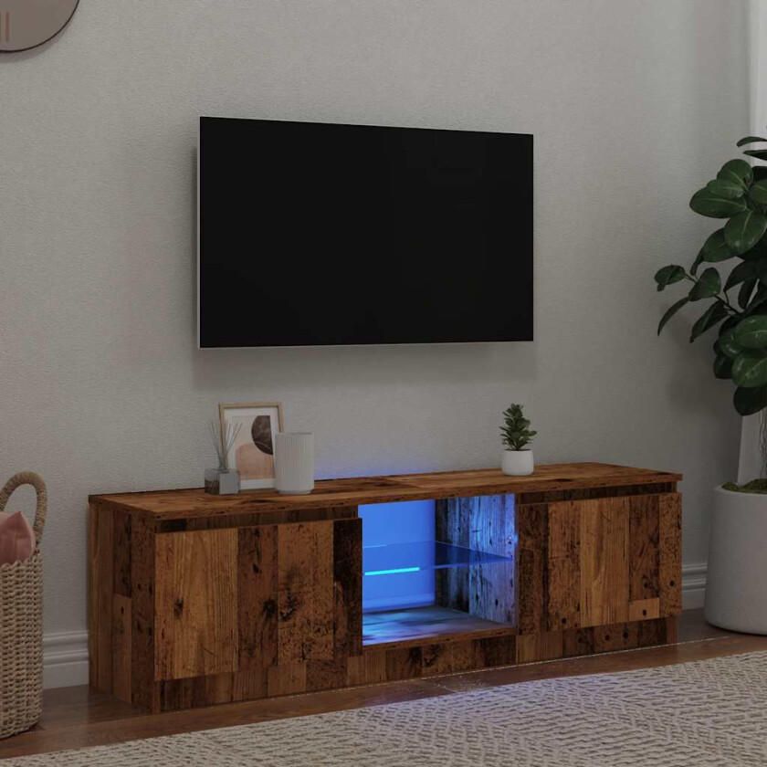 TV-benk med LED-lys gammelt tre 120x30x36 cm konstruert tre