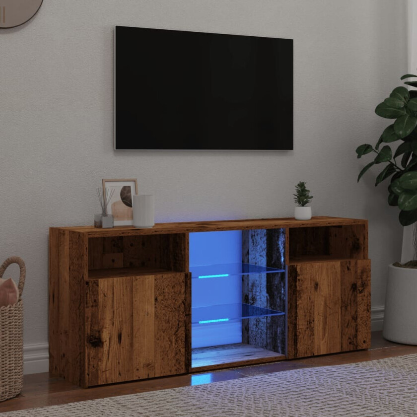 TV-benk med LED-lys gammelt tre 120x30x50 cm konstruert tre