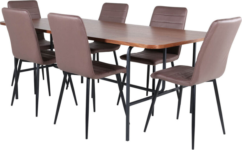 UnoWA spisegruppe spisebord valnøtt dekor og 6 Windu Lyx spisestuestoler brun.