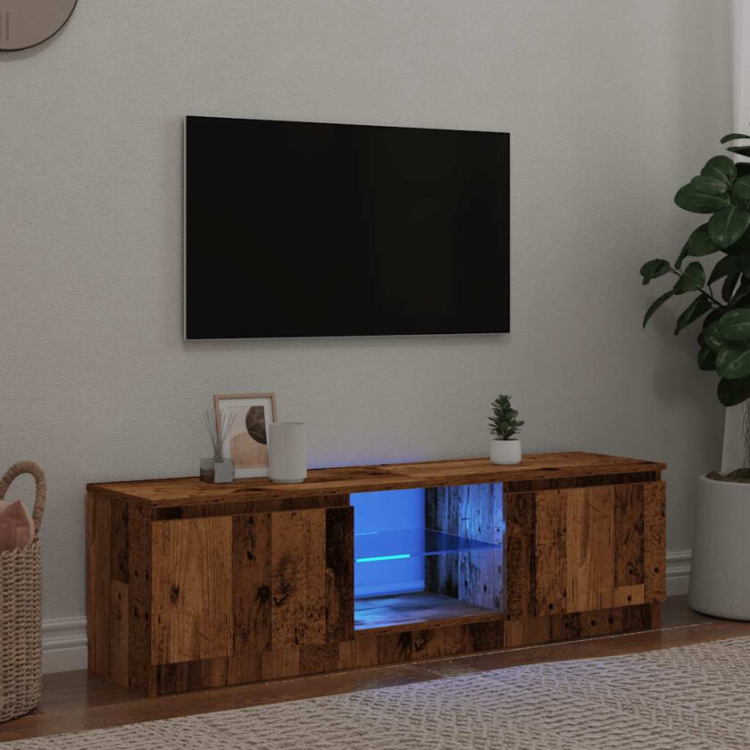 TV-benk med LED-lys gammelt tre 140x40x35,5 cm konstruert tre
