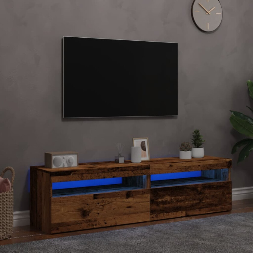 TV-benk med LED-lys 2 stk gammelt tre konstruert tre