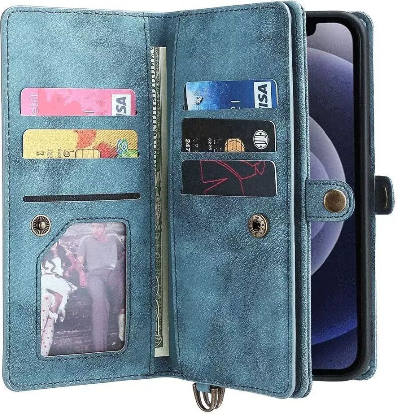 iPhone 12 / 12 Pro MEGSHI PU Skinn Flip Deksel med Magnetisk Kortholder - Blå