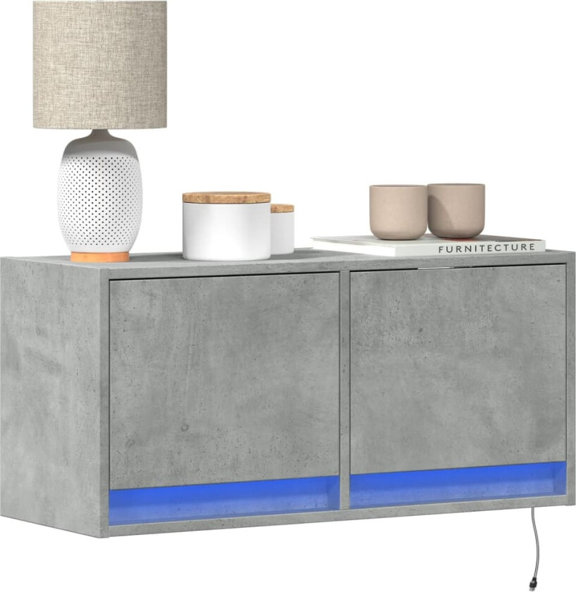 Vegghengt TV-benk med LED-lys betonggrå 80x31x35 cm