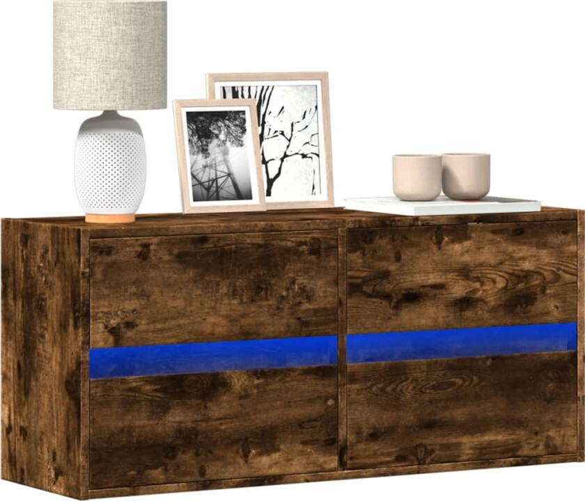 Vegghengt TV-benk med LED røkt eik 100x31x45 cm