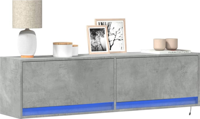 Vegghengt TV-benk med LED-lys betonggrå 140x31x38 cm