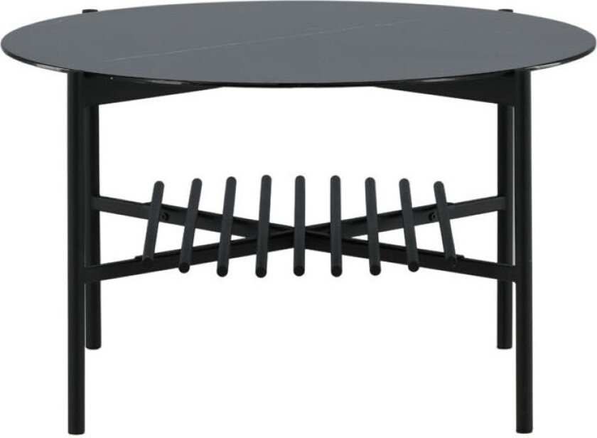 VonStaf sofabord med hylle Ø80 cm glass svart marmor dekor.
